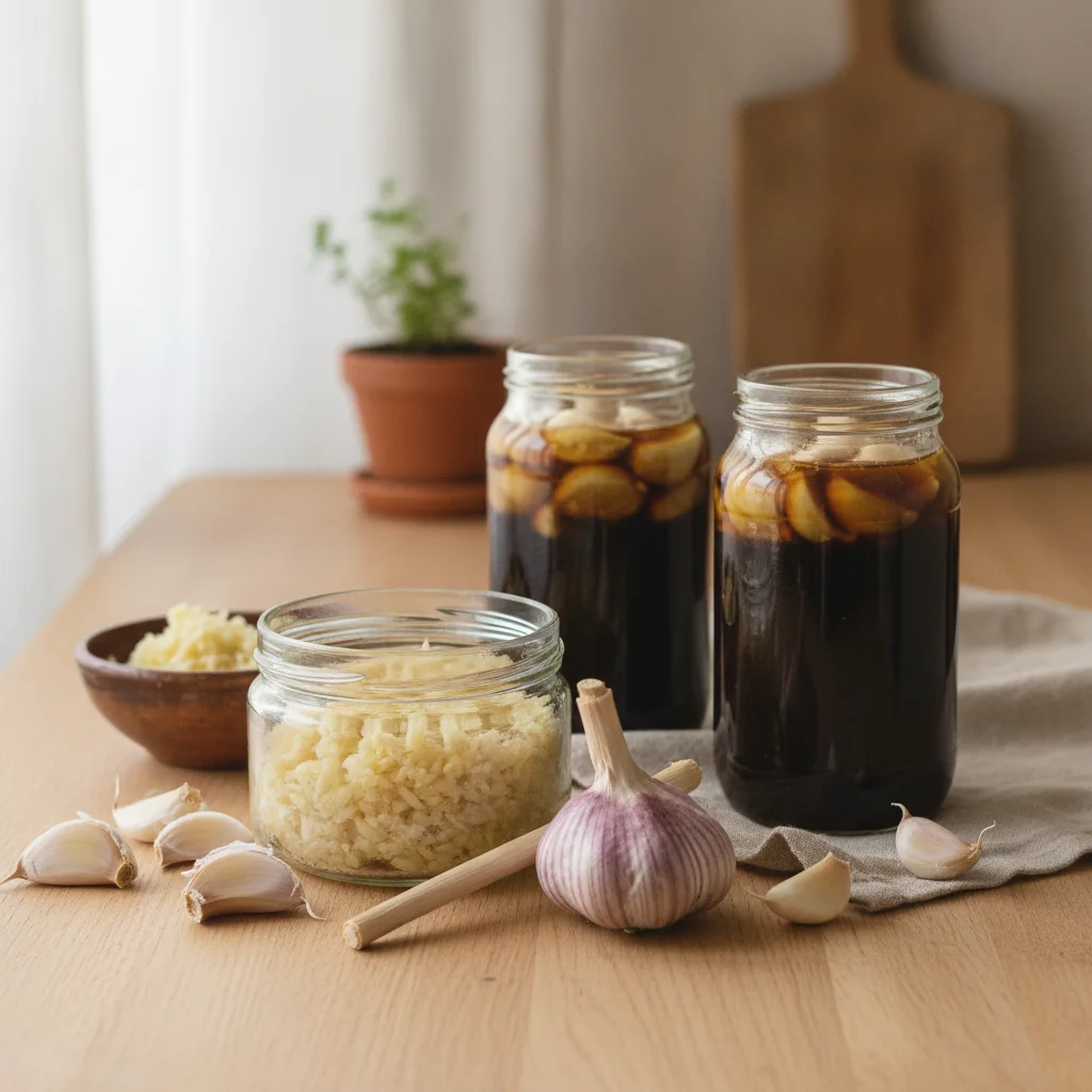Ajo fermentado en recipientes de vidrio