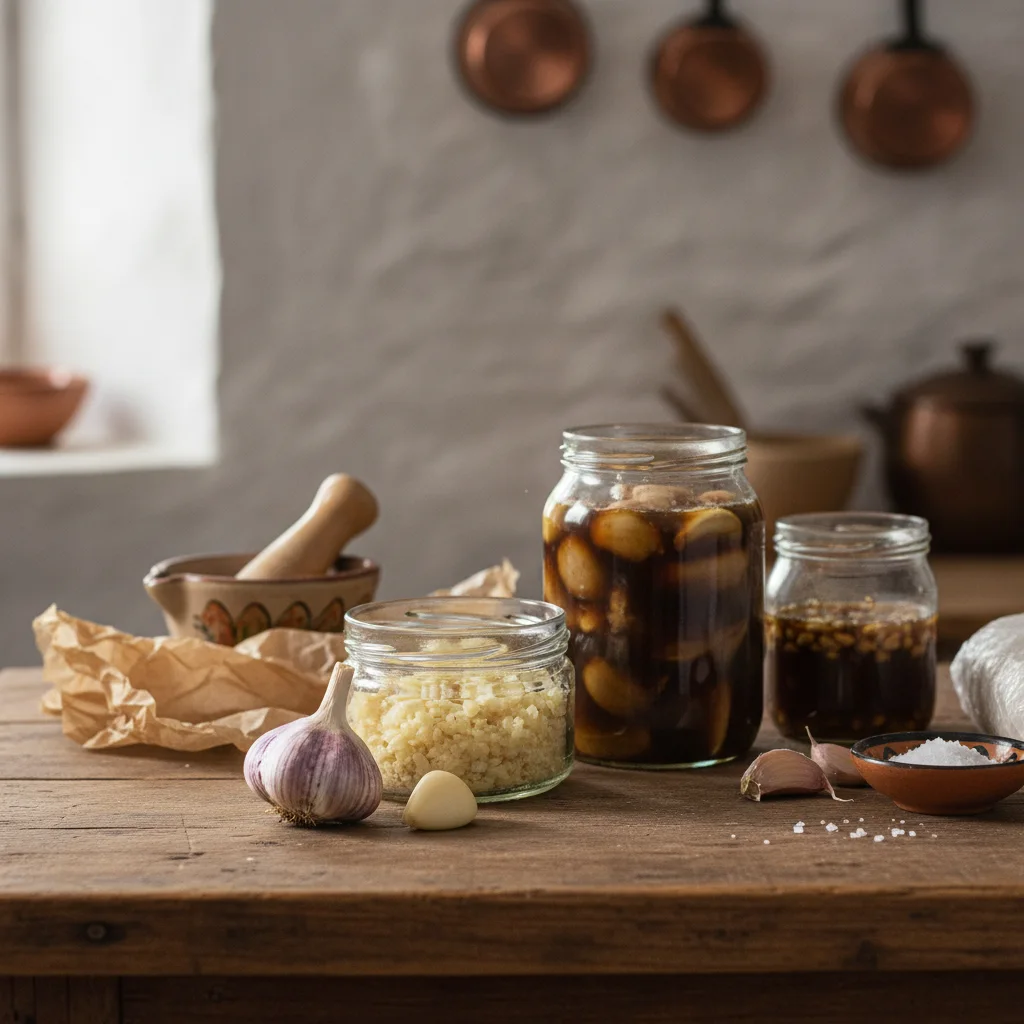 Recipientes de vidrio con ajo fermentado